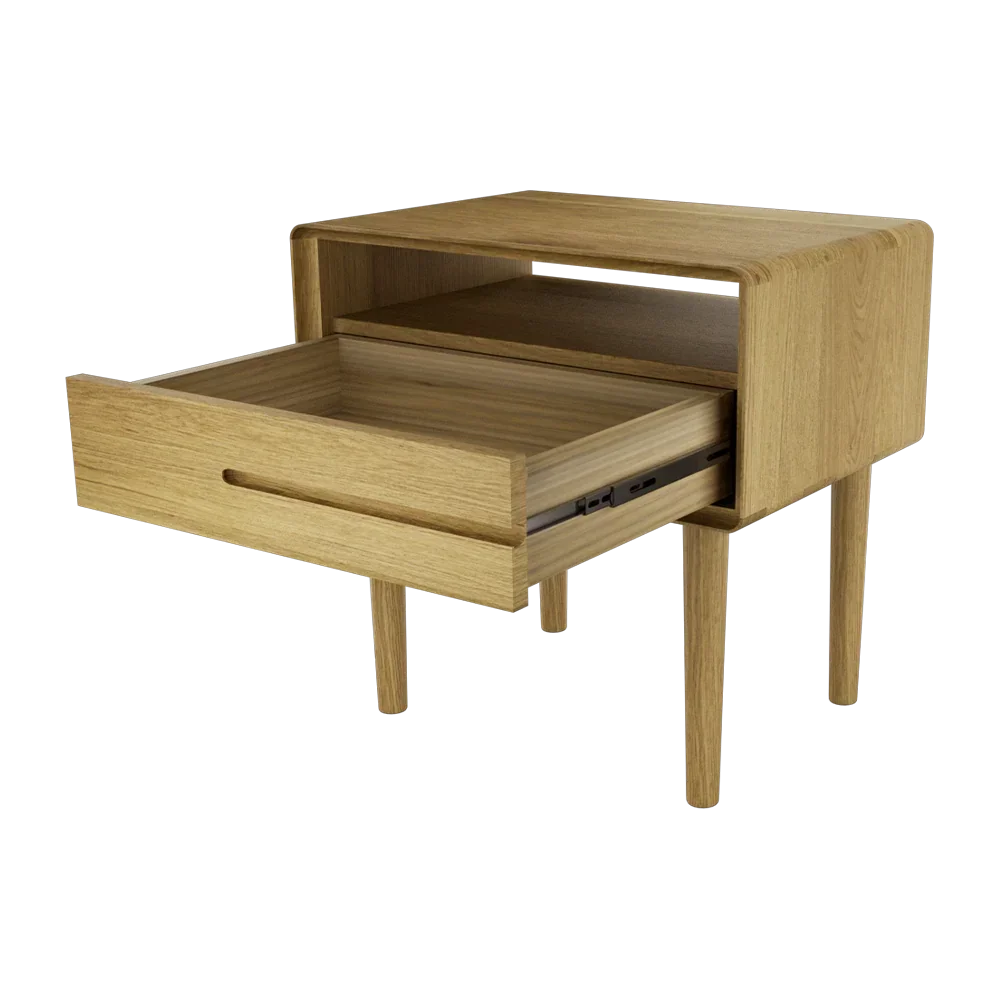 Oak bedside table with single drawer open and lower shelf on tall legs