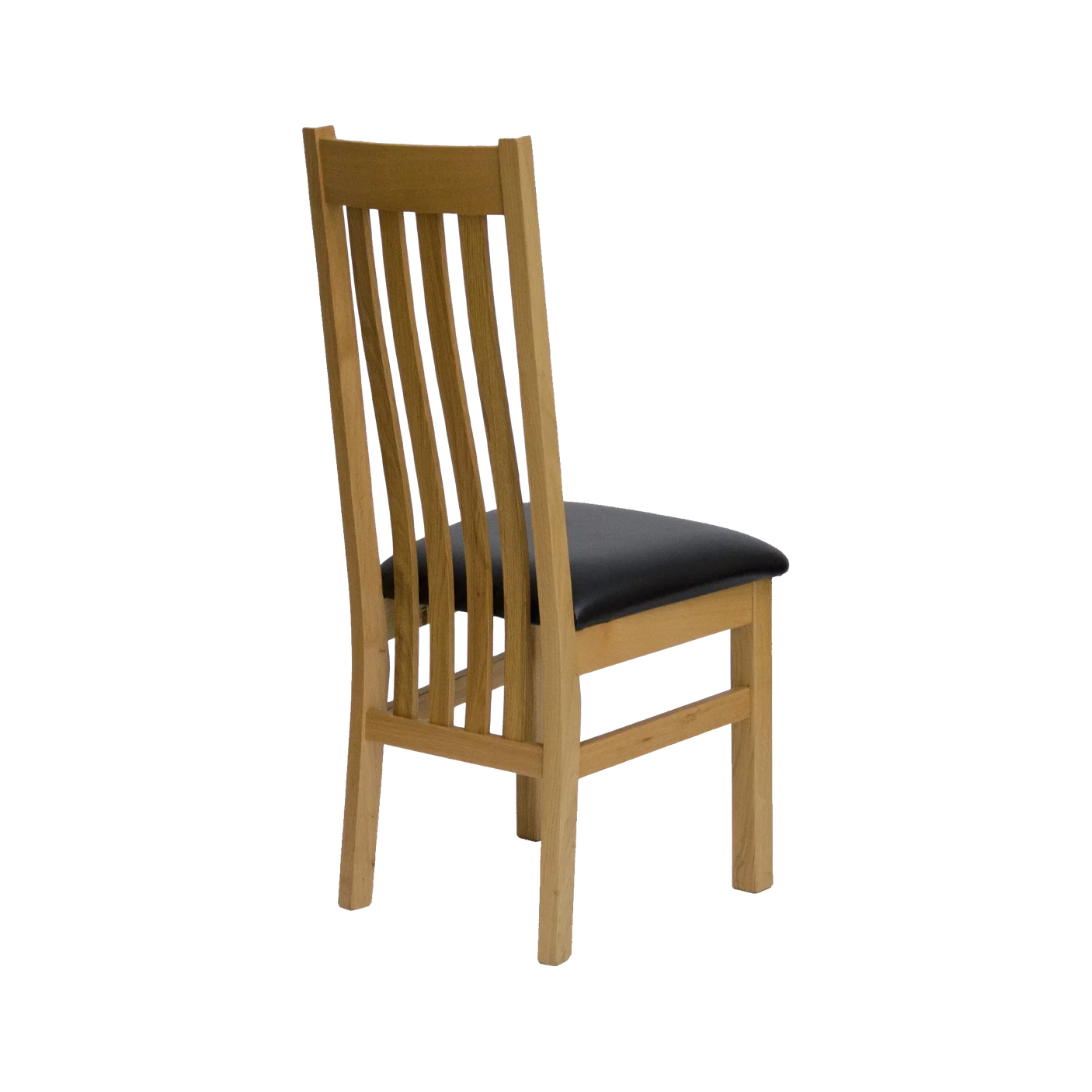 Oak dining chair with black padded seat and slatted wooden backrest, angled rear view