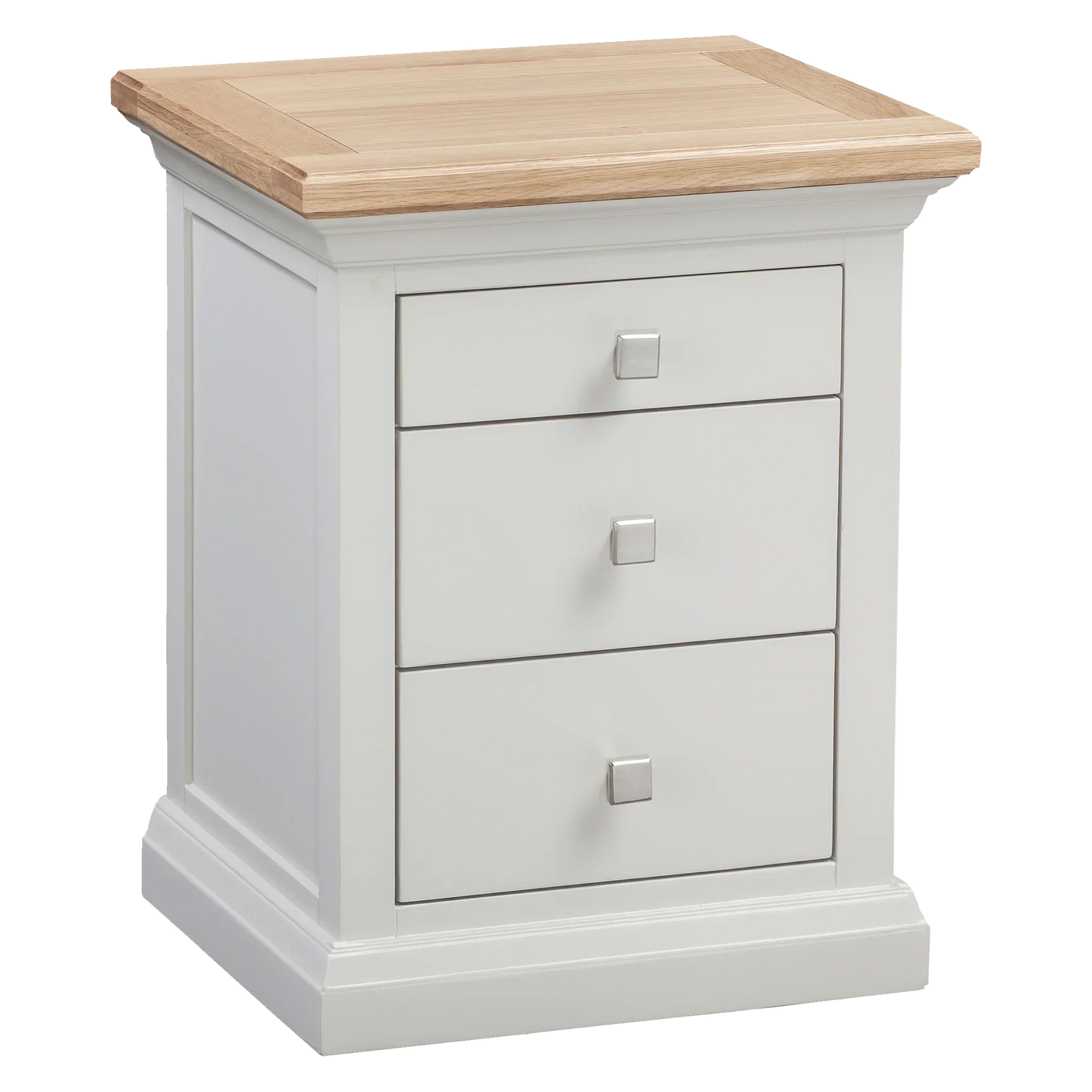 White bedside table with three drawers and oak top, modern metal handles, angled view