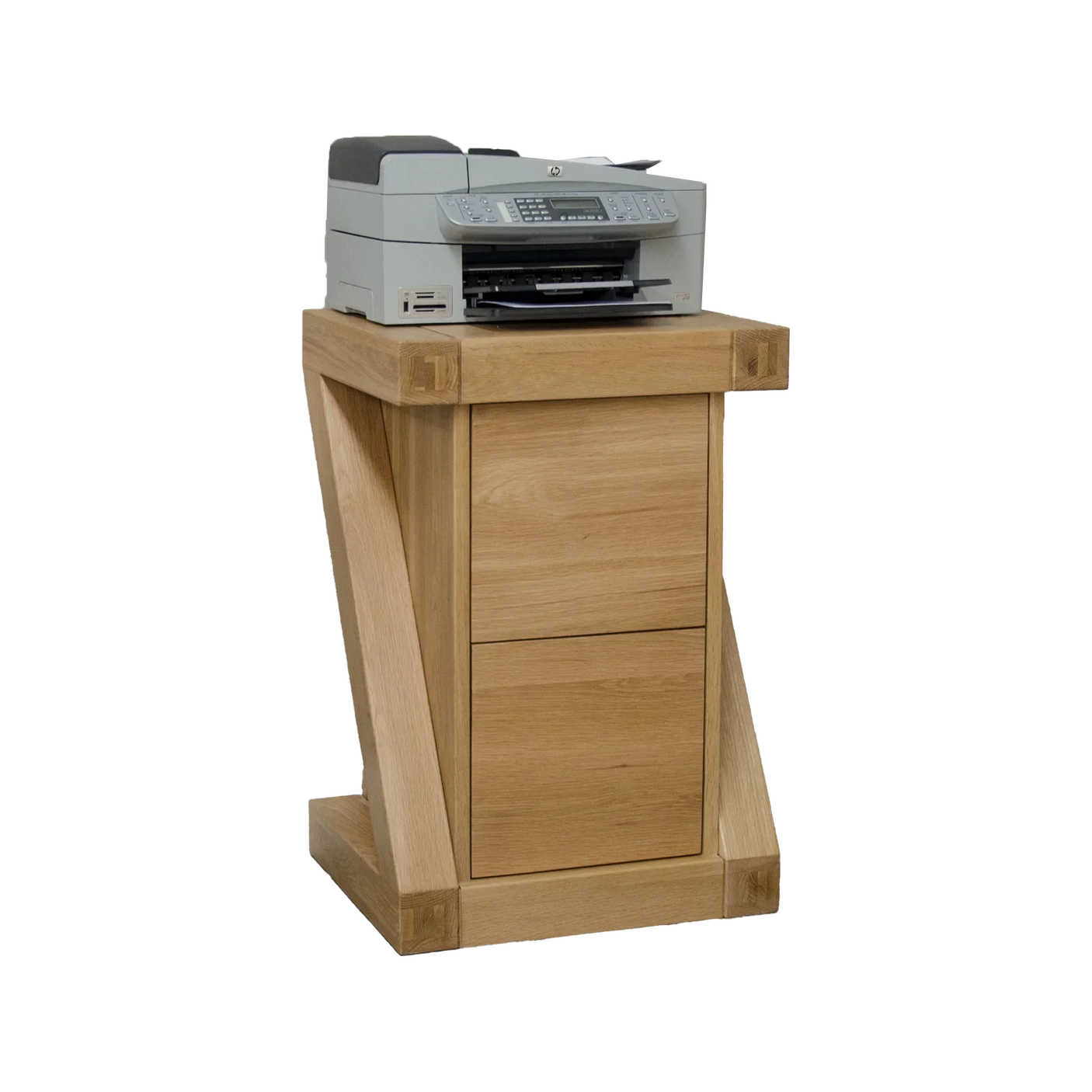 Oak printer cabinet with two drawers and modern printer on top