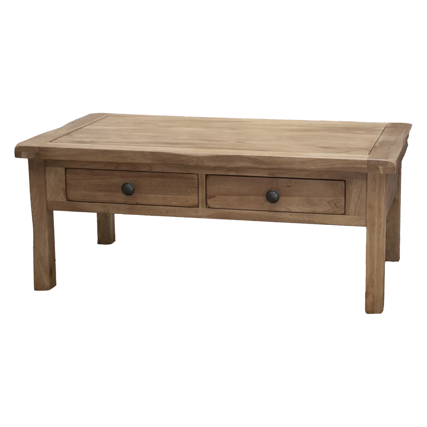 Solid oak coffee table with two drawers and black knobs, front angle view
