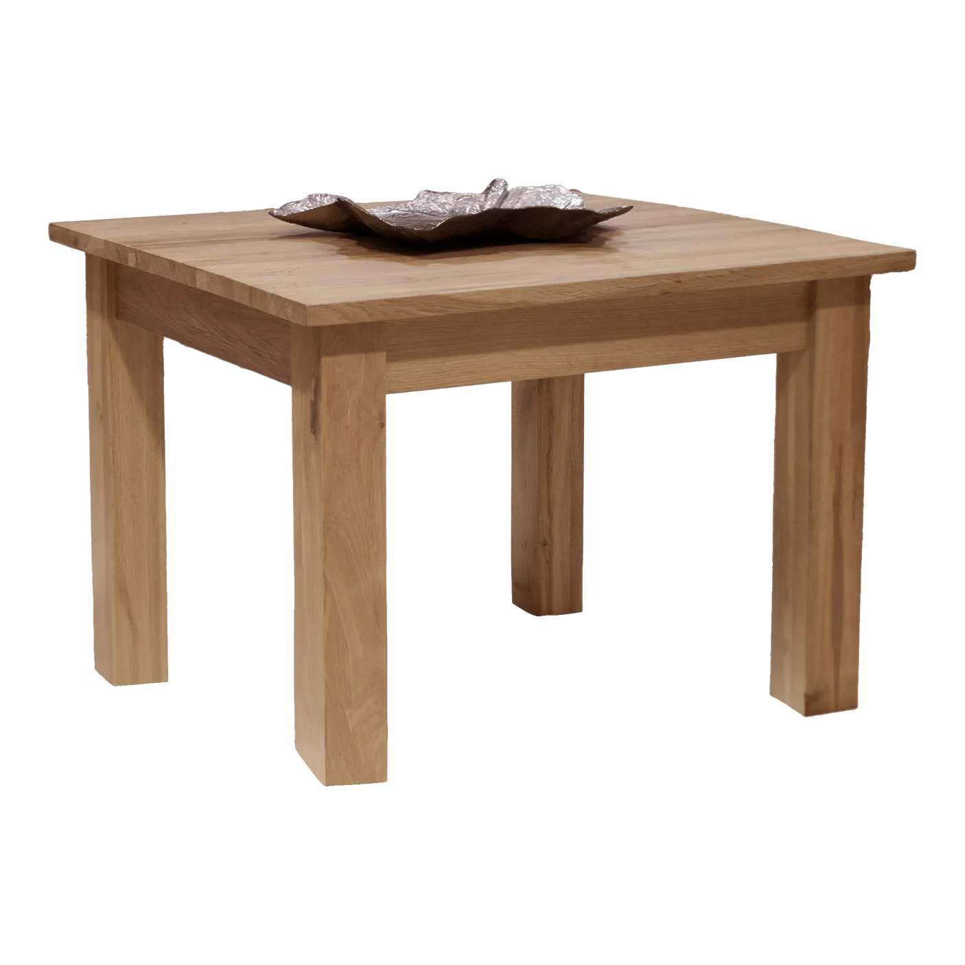 Square oak dining table with straight legs and decorative bowl on top