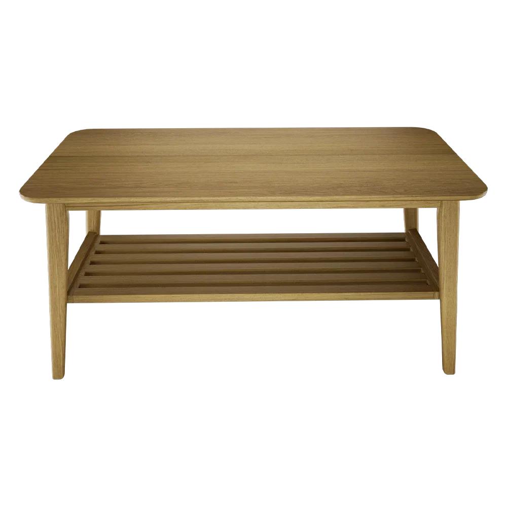 oak coffee table with shelf and rectangular top, front view