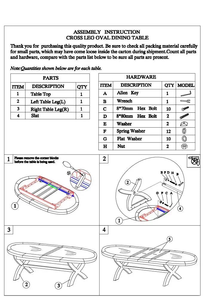 Assembly instructions for cross leg oval dining table with labeled parts and hardware