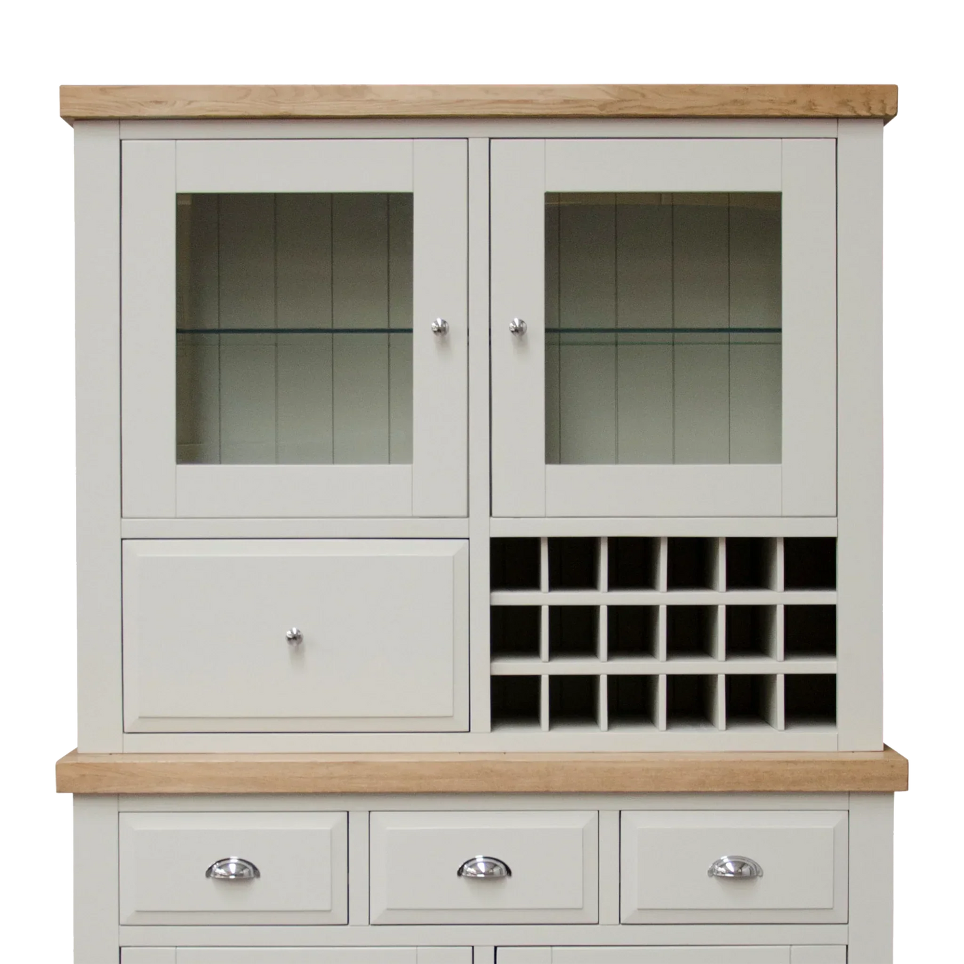 Cream kitchen dresser with glass display doors, oak top, and built-in wine rack