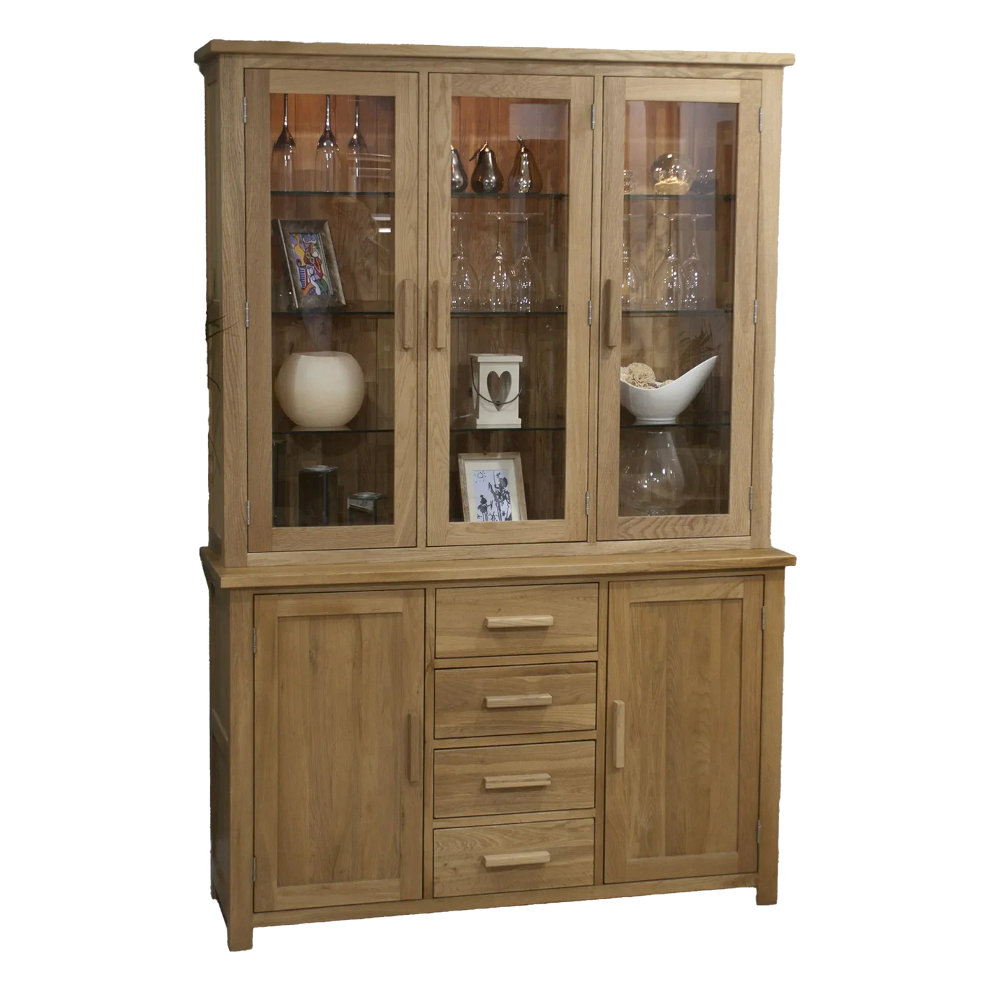 Oak display cabinet with glass doors, shelves and drawers for dining room storage
