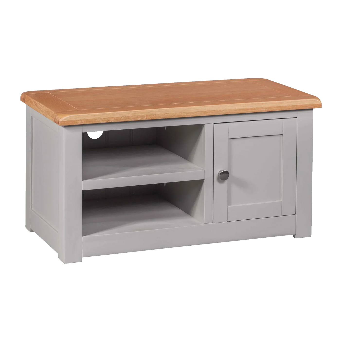 Grey wooden TV unit with oak top, open shelves, and single cupboard door