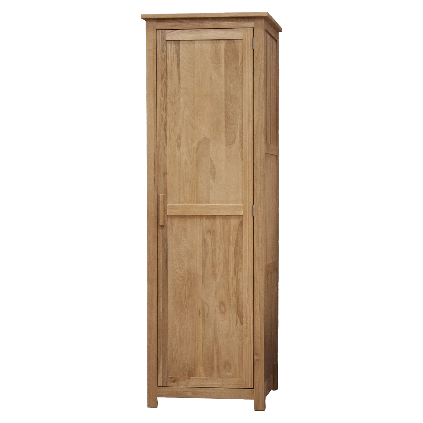Oak wardrobe with single door and panel detail, shown from front angle