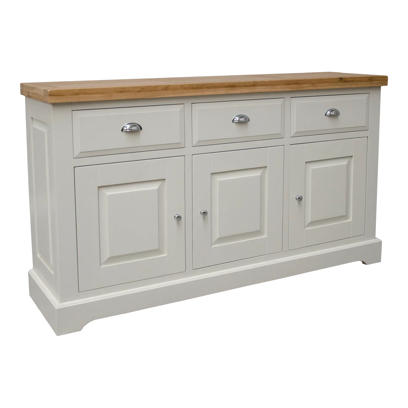 Cream sideboard with three drawers, three doors and oak top, classic dining room storage