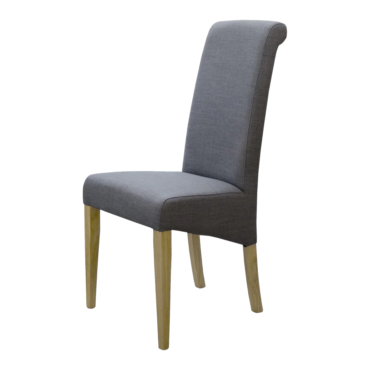 Grey dining chair with fabric upholstery and light wood legs, side view