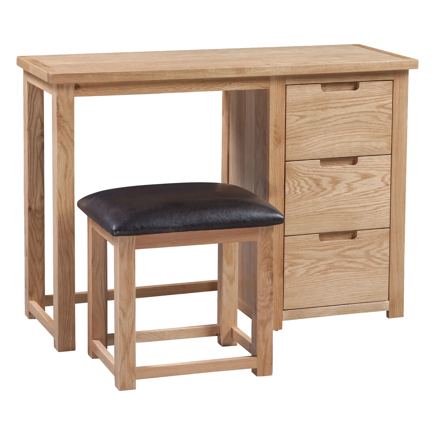 Oak dressing table with three drawers and matching stool with dark padded seat
