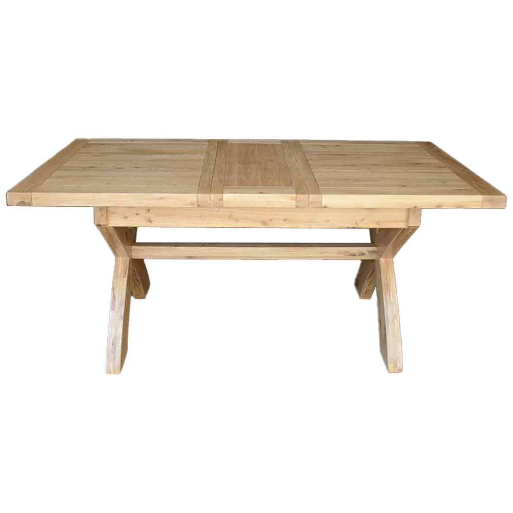 Rectangular oak dining table with trestle legs and natural wood finish, front view