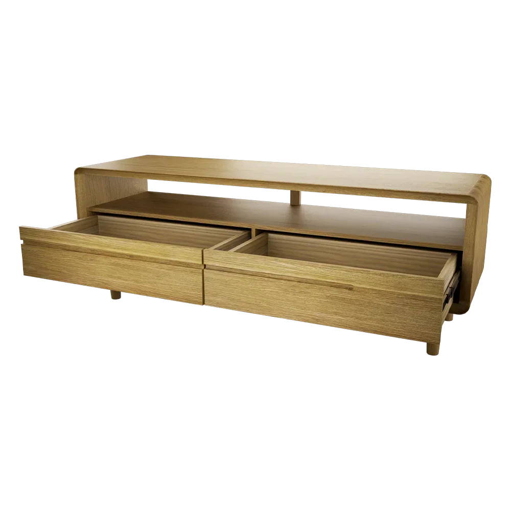 Oak TV unit with open storage shelf and two large drawers, modern minimalist design