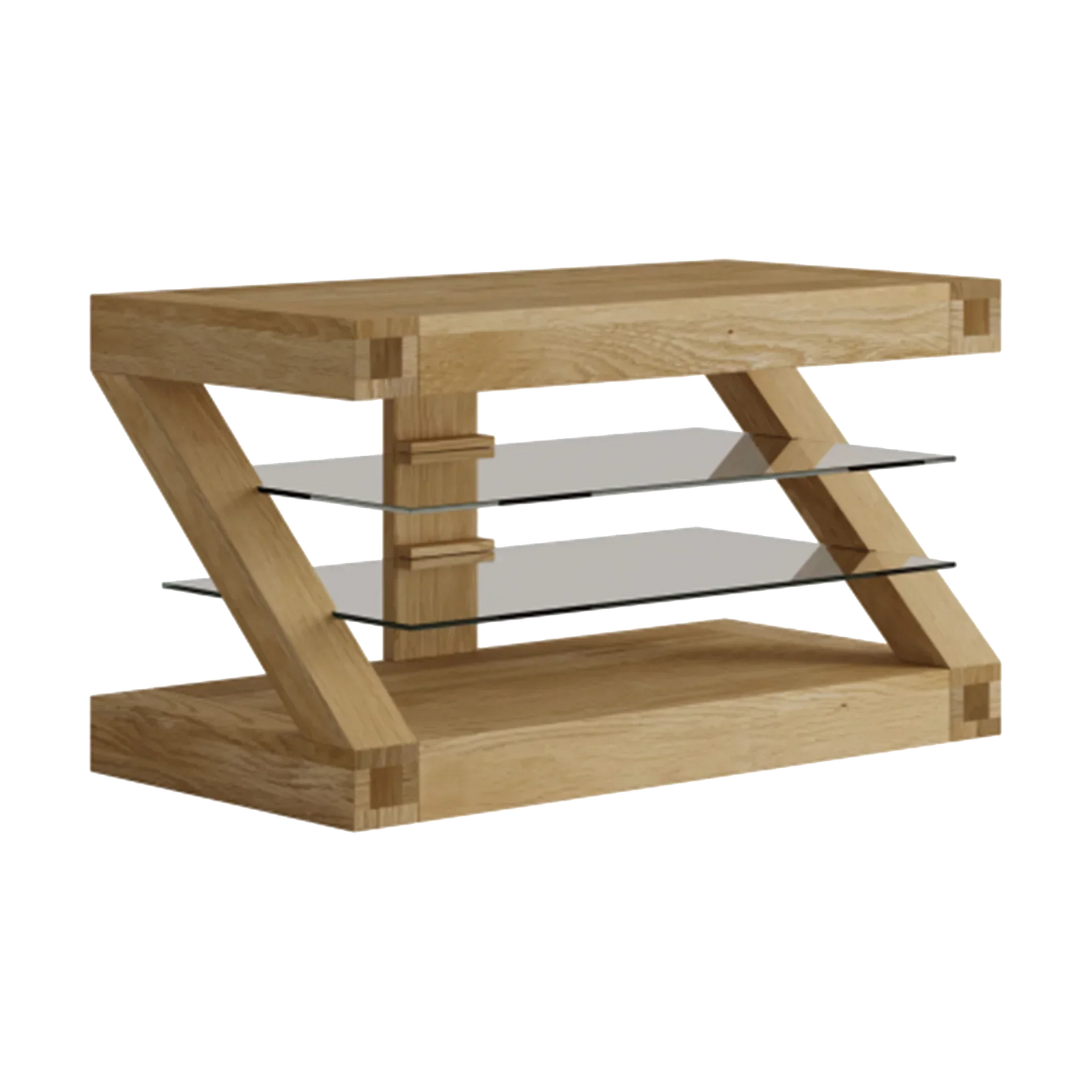Oak wood TV stand with two glass shelves and angular side supports