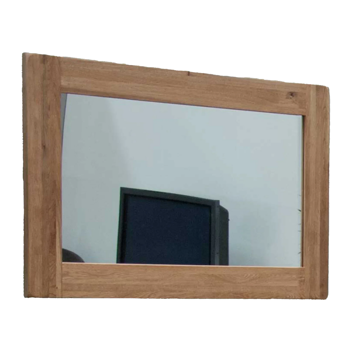Rectangular oak wall mirror with natural wood frame, angled front view
