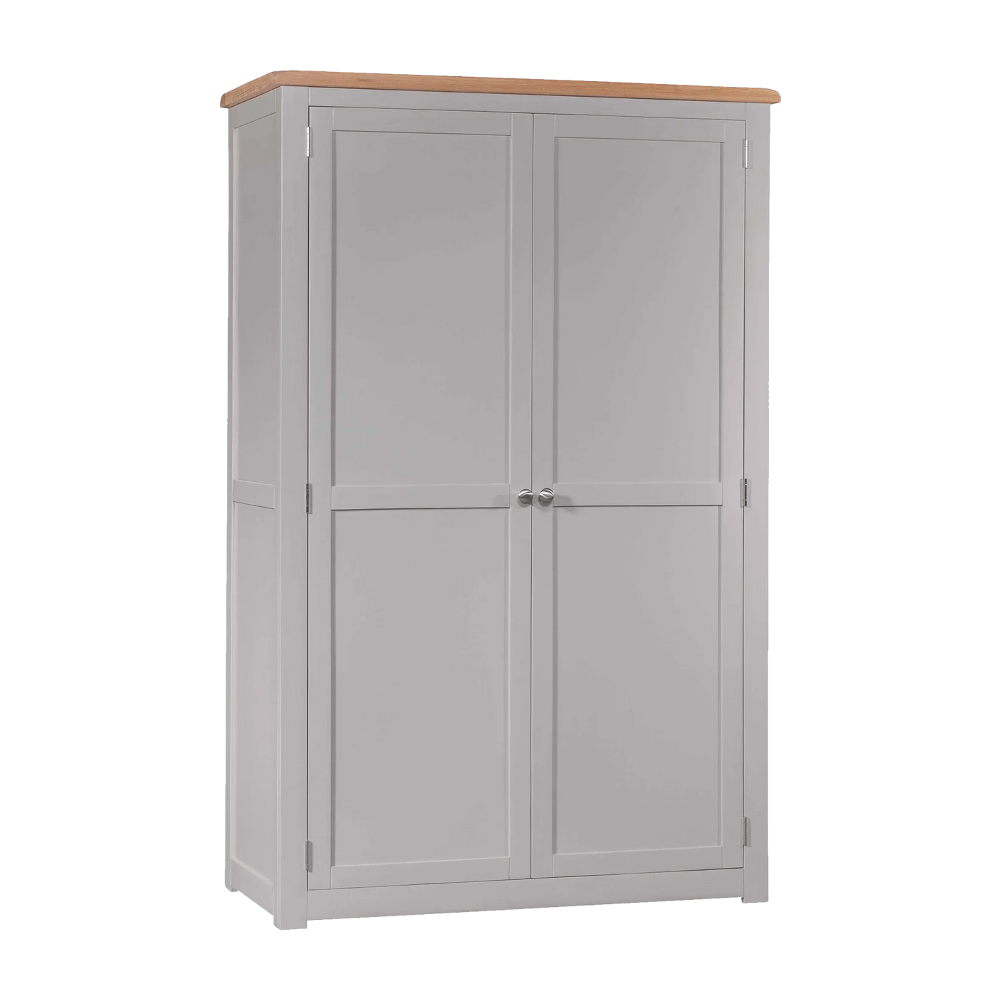 Grey wooden wardrobe with panel doors and oak top, viewed from the front
