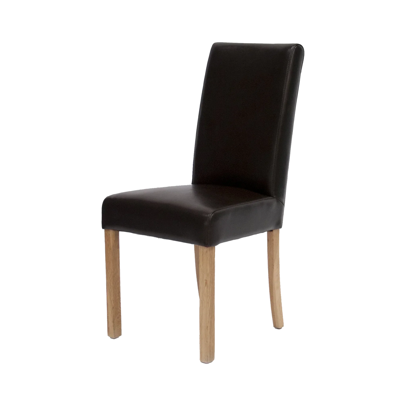Dark brown leather dining chair with oak legs, side profile view