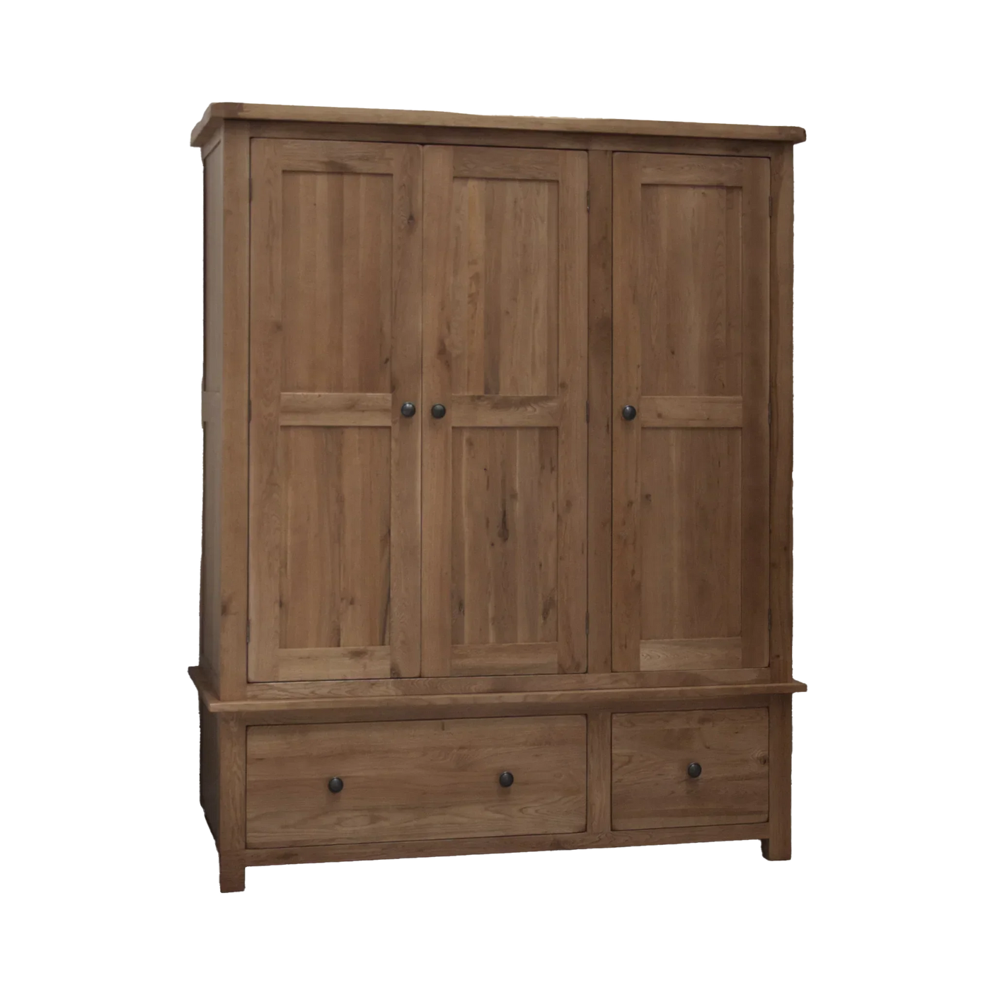 Solid wood wardrobe with three paneled doors and two lower storage drawers
