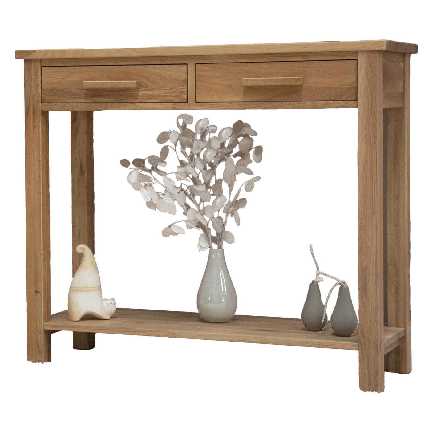 Oak console table with two drawers, lower shelf, decorative vase and ornaments