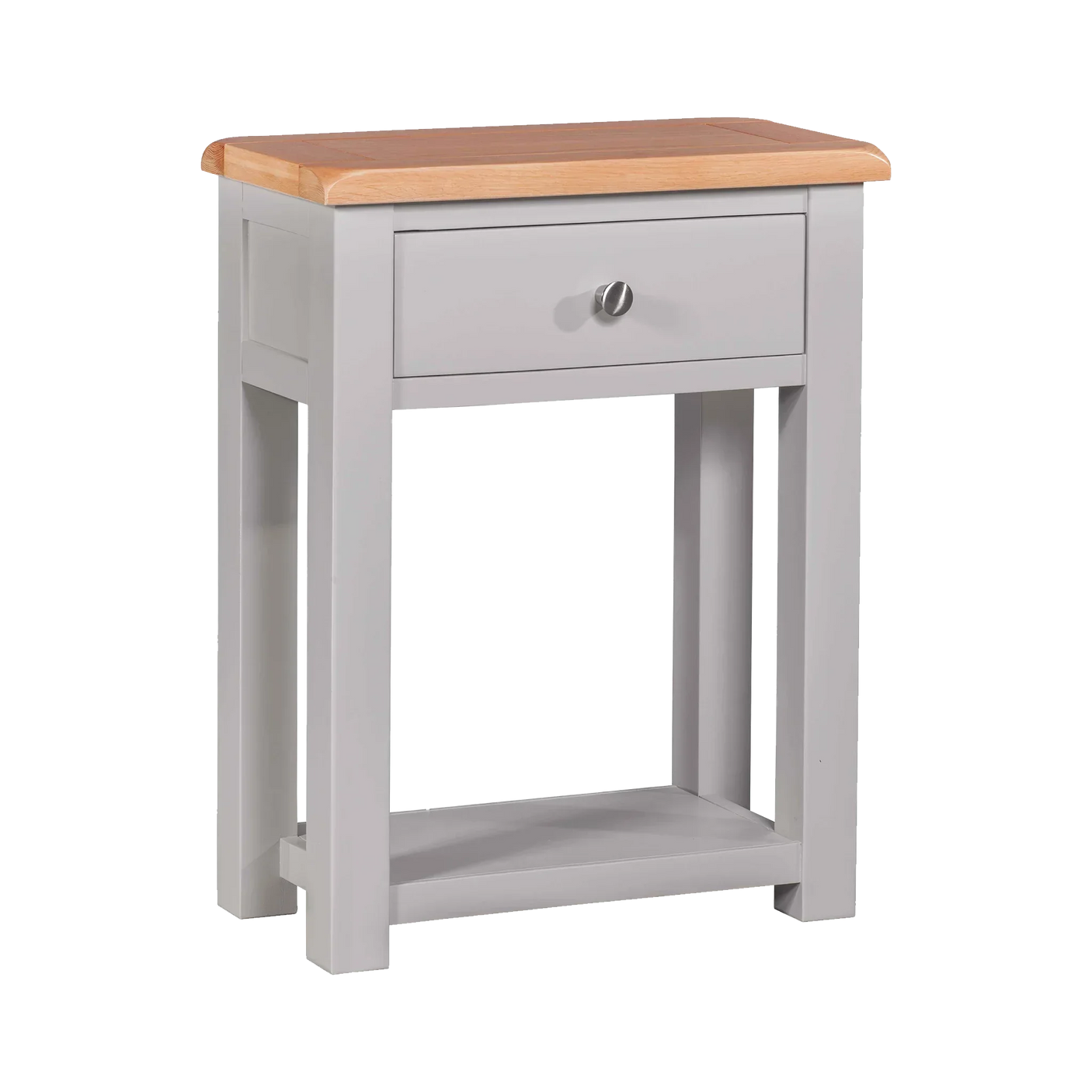 Grey wooden bedside table with drawer and oak top, featuring lower shelf for storage