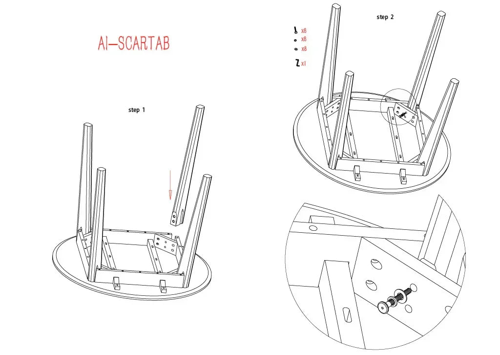 Assembly instructions for wooden oval dining table with bolt and leg attachment details