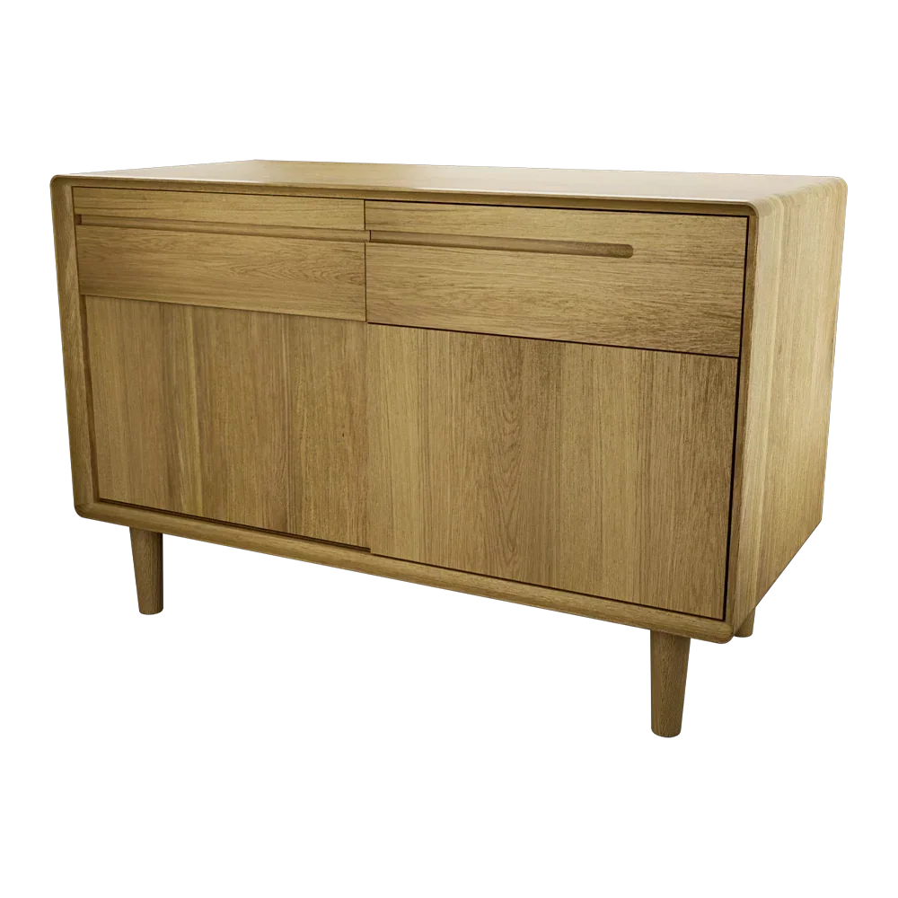 Oak sideboard with two drawers and two doors, mid-century style, light wood finish