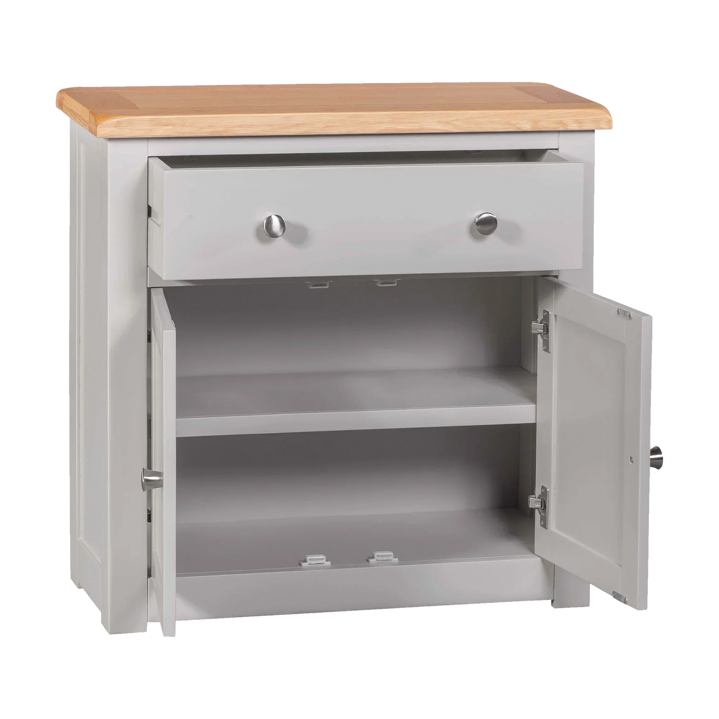 Grey wooden cabinet with oak top, single drawer, and open two-door storage shelves