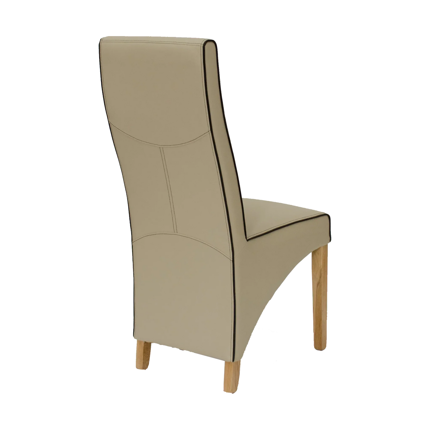 Beige leather dining chair with wooden legs, high back, rear view