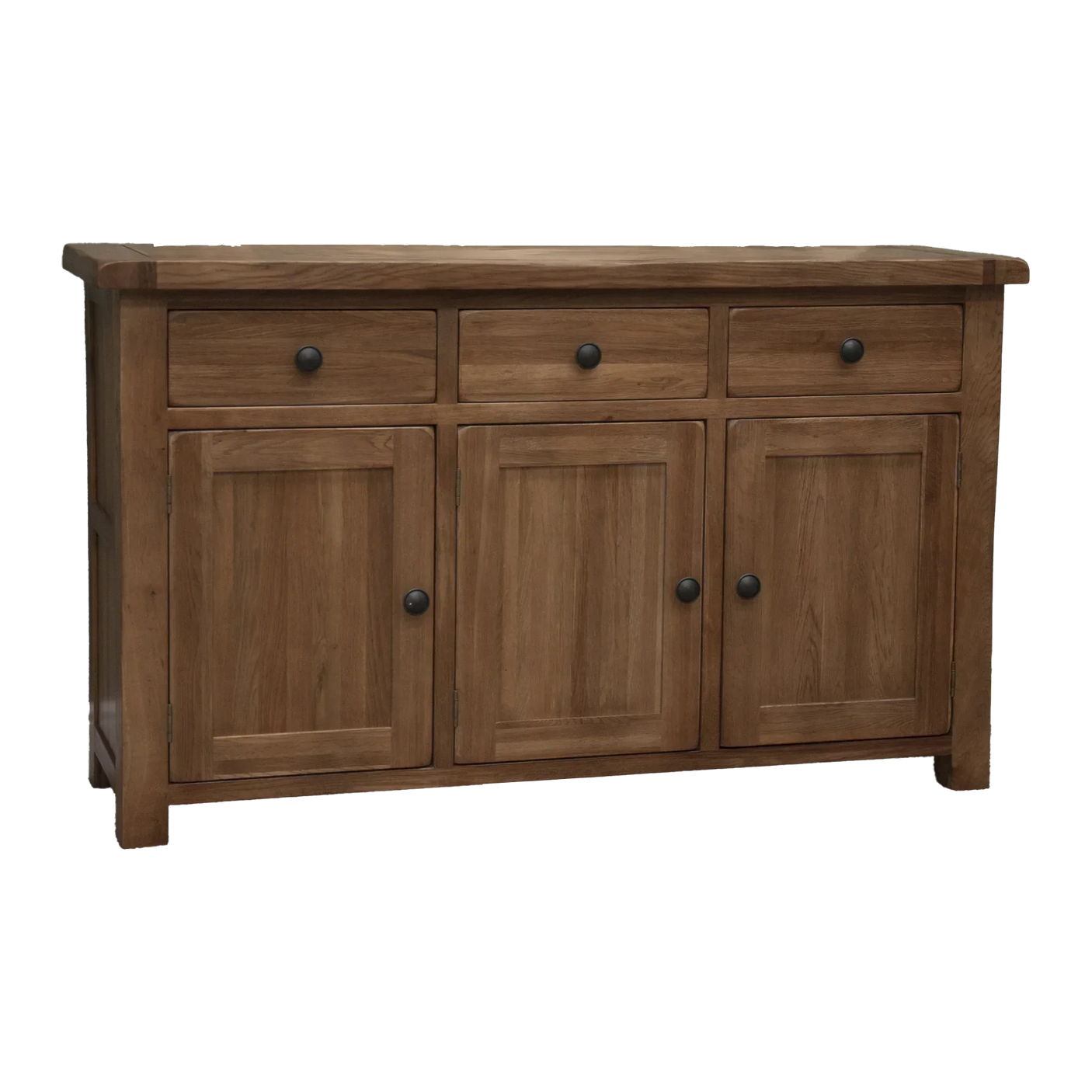 Oak sideboard with three drawers and three doors, black knobs, shown from the front