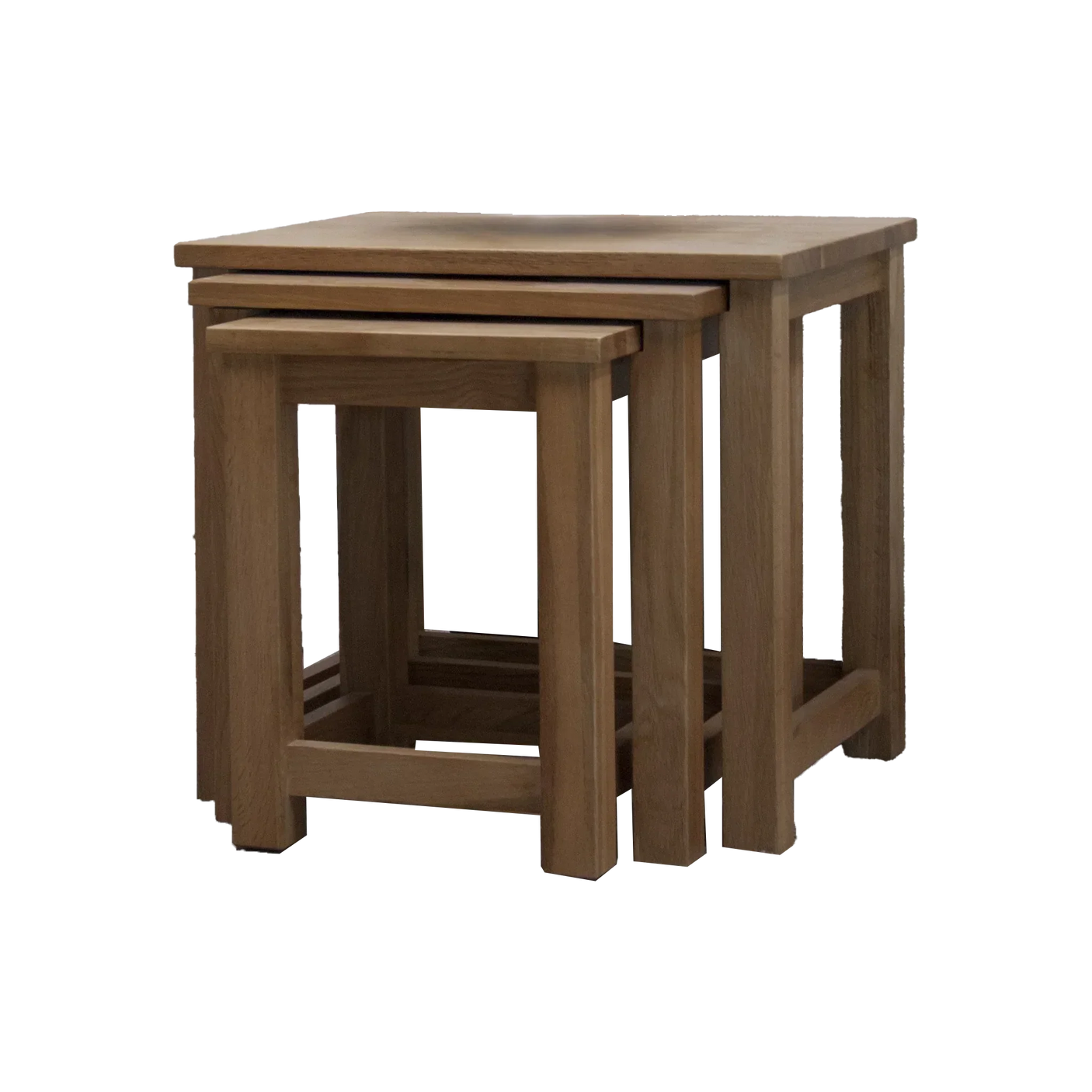 Oak nesting tables set with clean lines and natural wood finish