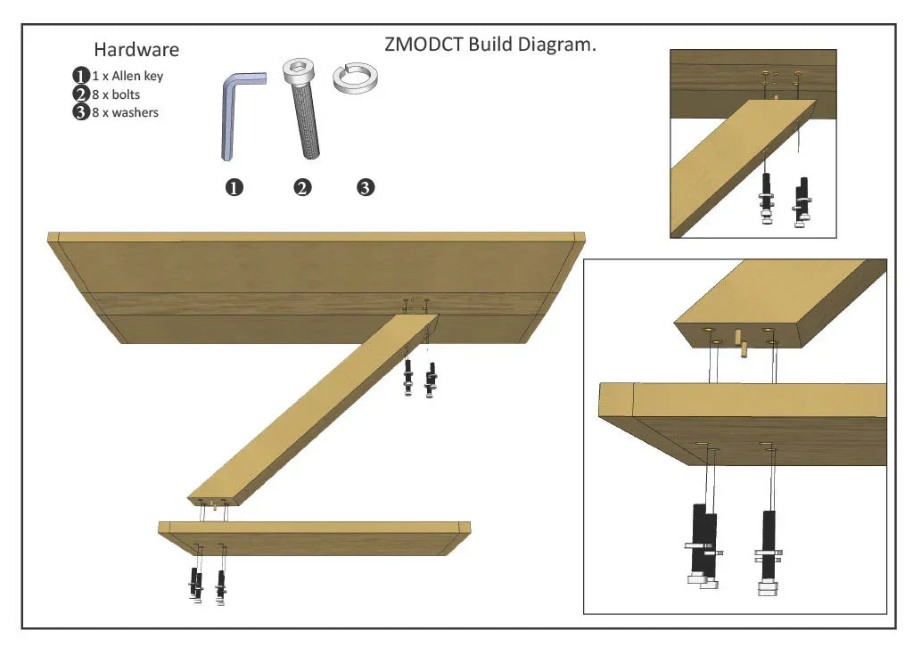 Wood shelving assembly diagram with bolts, washers, and Allen key hardware shown