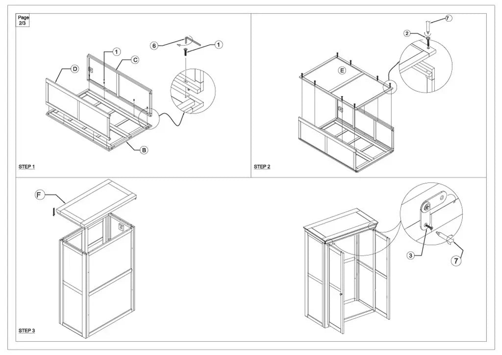 Wardrobe assembly instructions showing panels, frame, and hardware installation steps