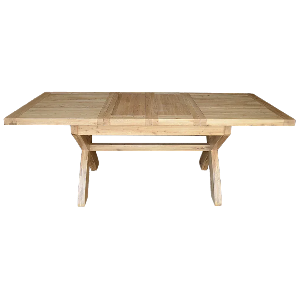 rectangular wooden dining table with natural finish and sturdy trestle legs, front view