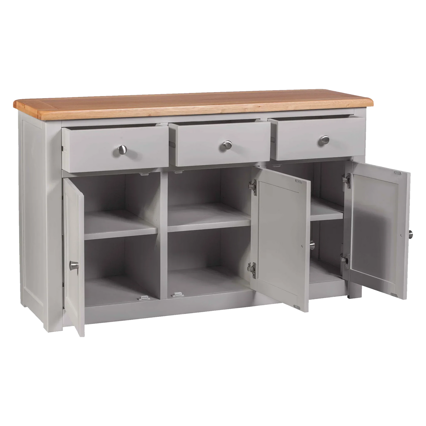 Grey sideboard with oak top, three drawers, and open cupboard doors showing shelves