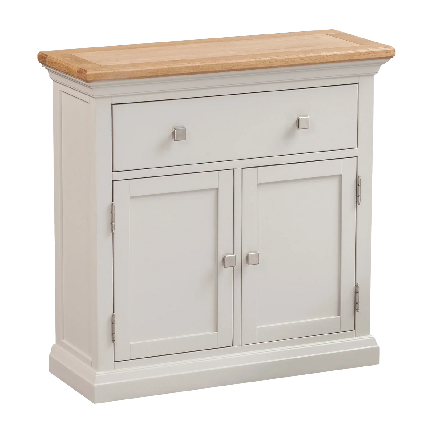 White sideboard with oak top, single drawer, and two door cabinet for storage
