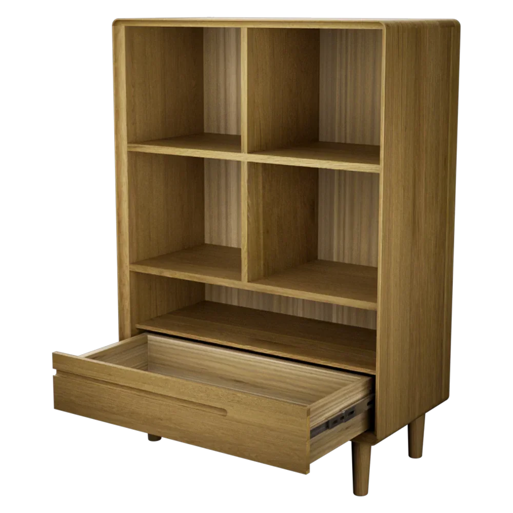 Oak finish wooden bookcase with four open shelves and one lower drawer open
