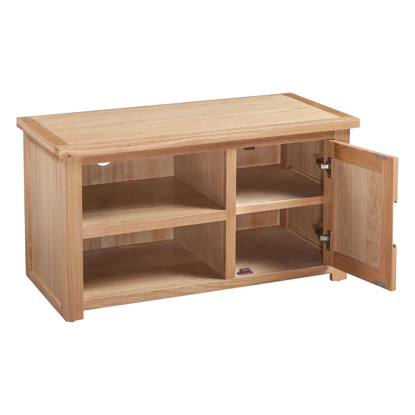 Light oak storage unit with open shelving and hinged door, ideal as living room furniture