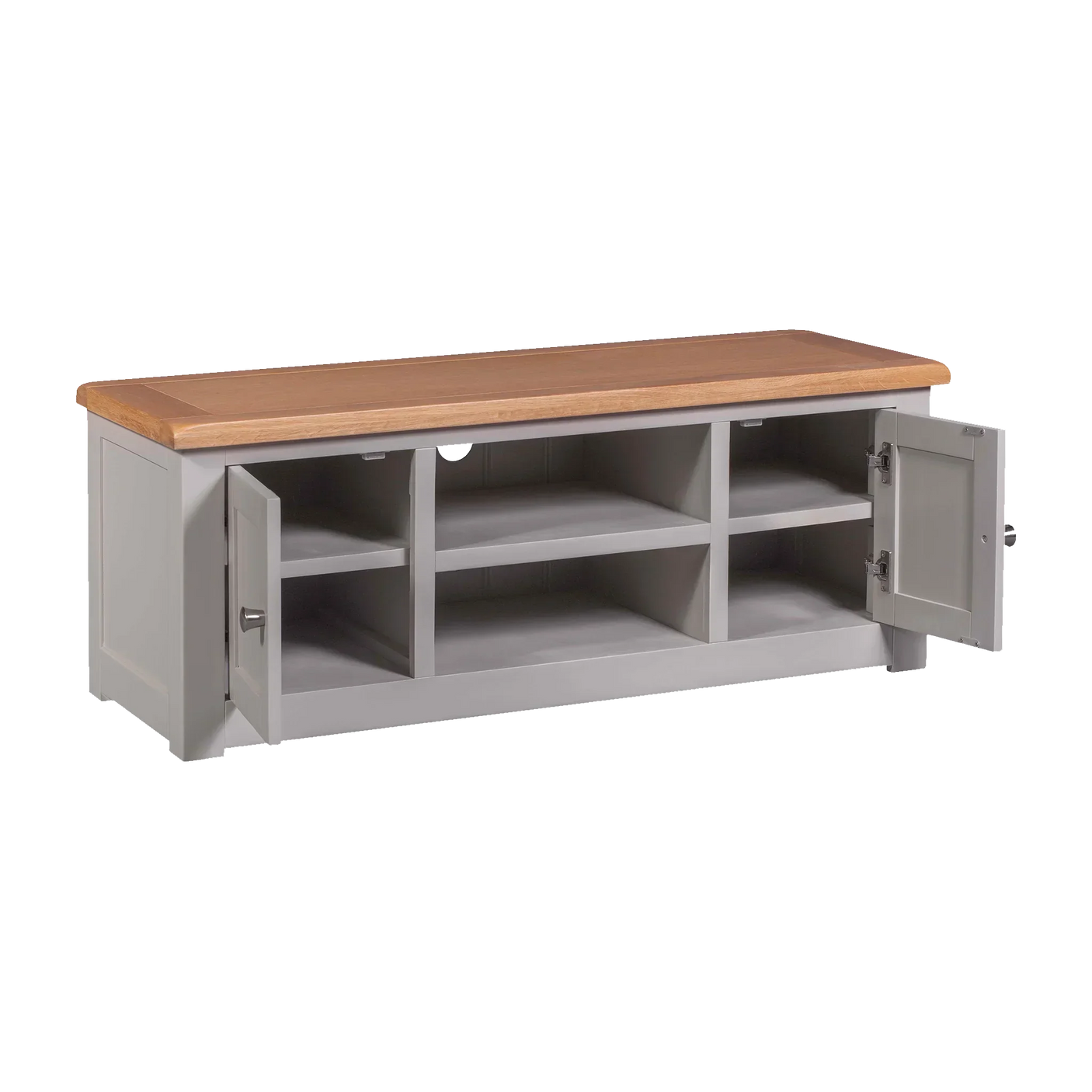 Grey storage bench with wooden top, two open cabinet doors, and multiple shelves