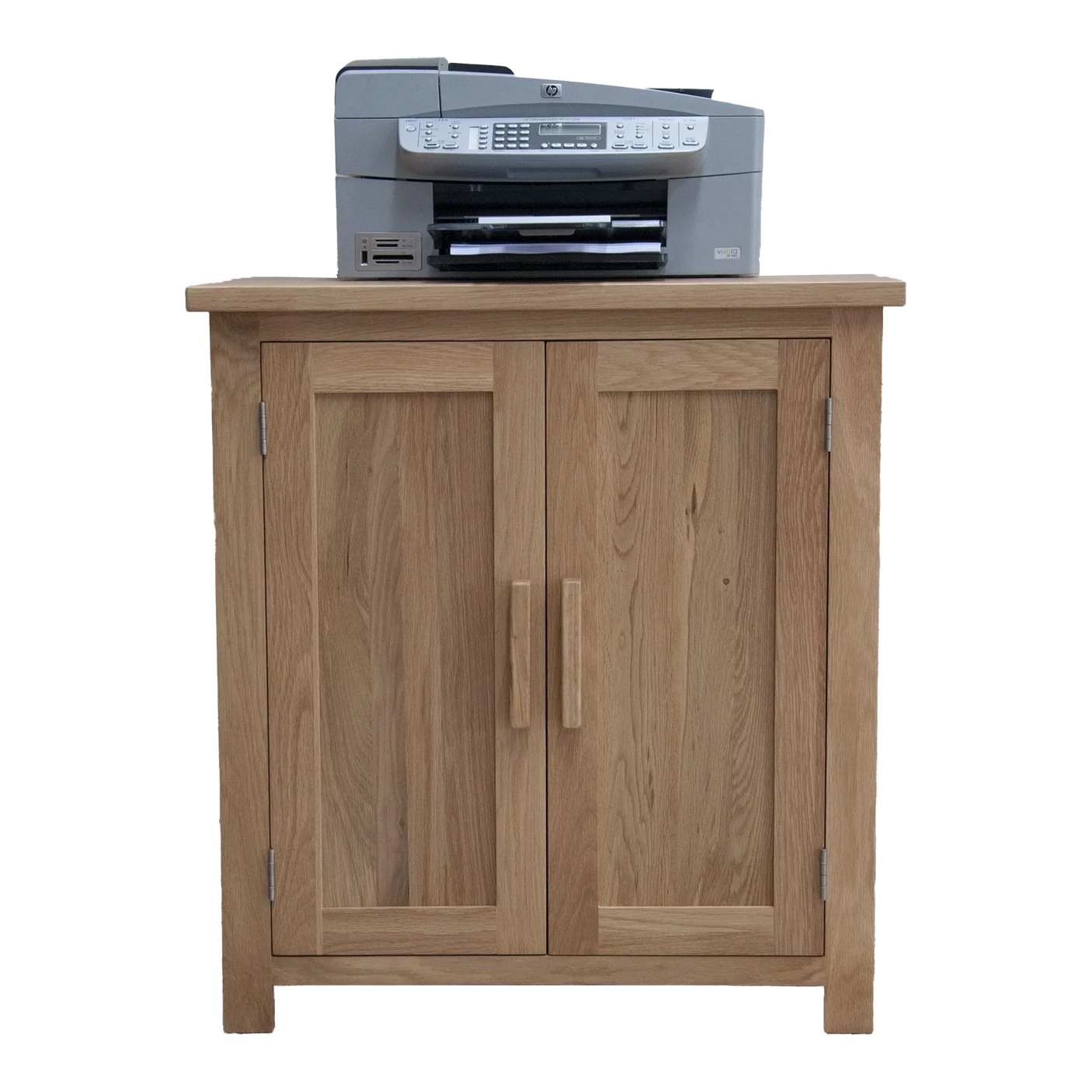 Oak wood sideboard cabinet with two doors and a printer on top