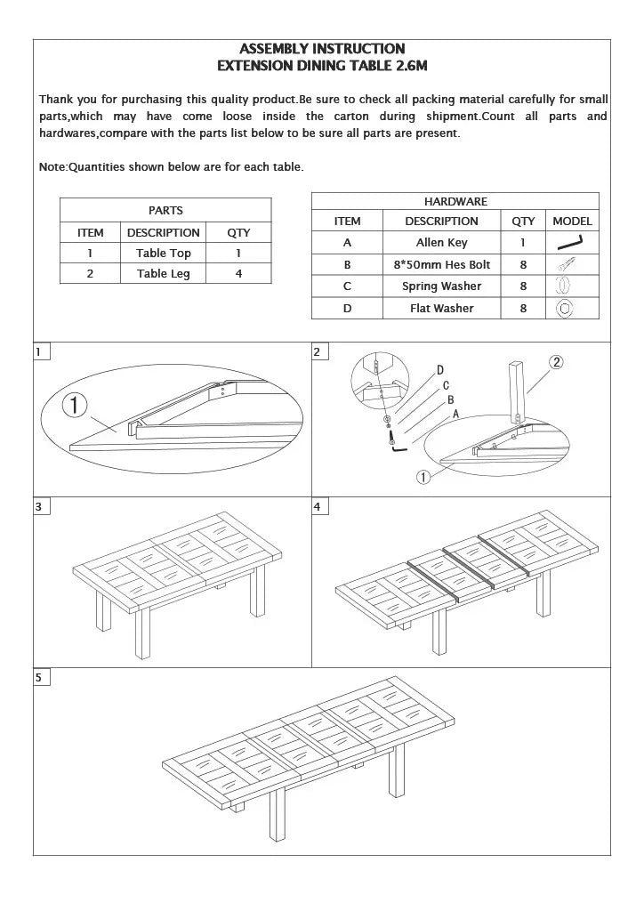 Assembly instructions sheet for extension dining table with hardware and parts diagram