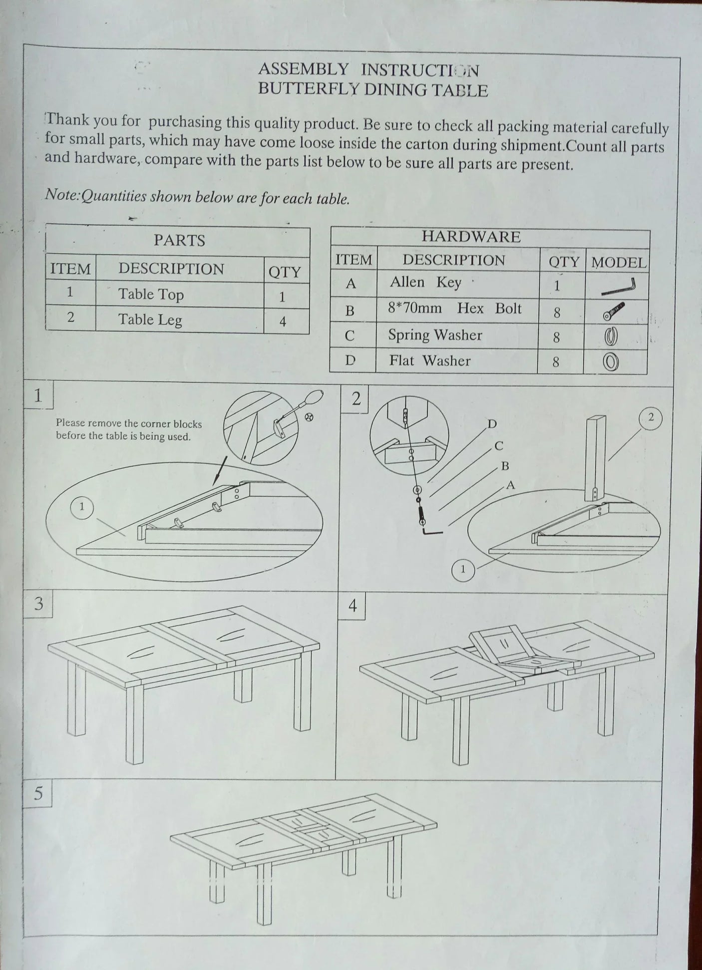 Butterfly dining table assembly guide with parts list, hardware details, and step diagrams