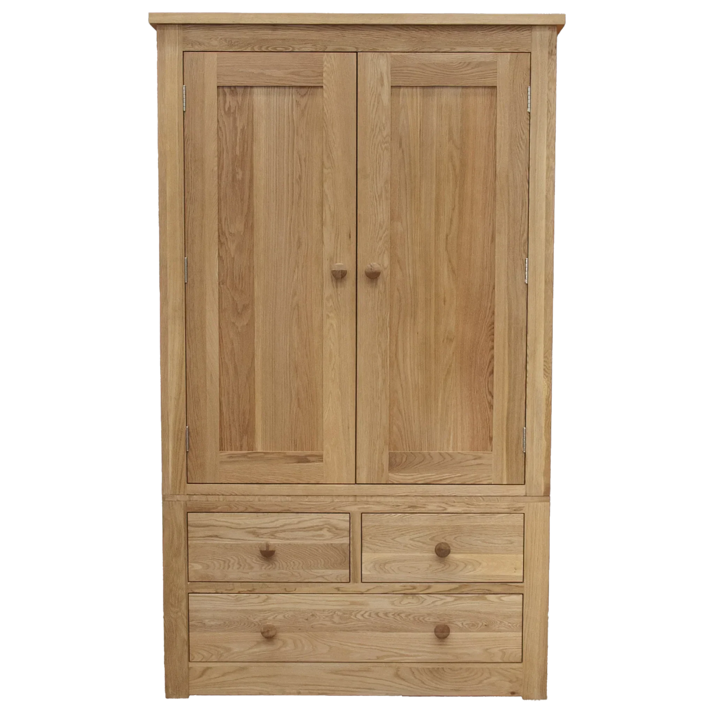 Oak wardrobe with double doors and three drawers, front view, natural wood finish