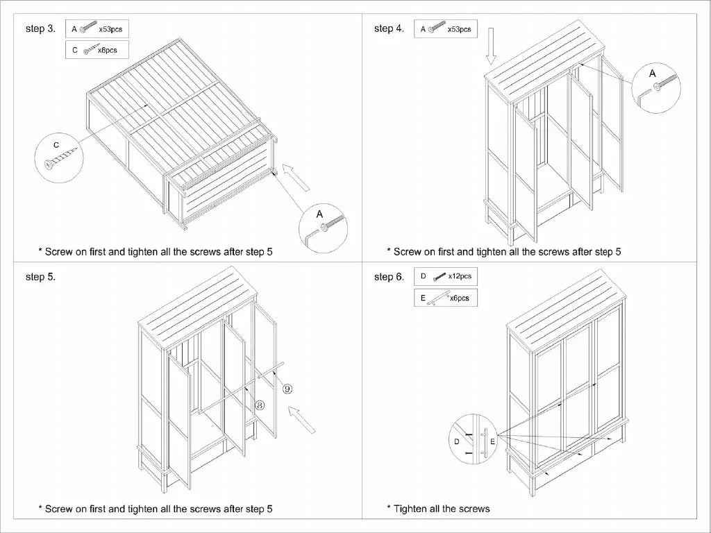 Wardrobe assembly instructions showing screw placement on frame and sliding door panels