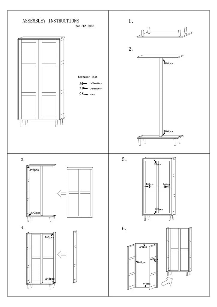 Wardrobe assembly instructions with labeled hardware and step-by-step illustrated guide