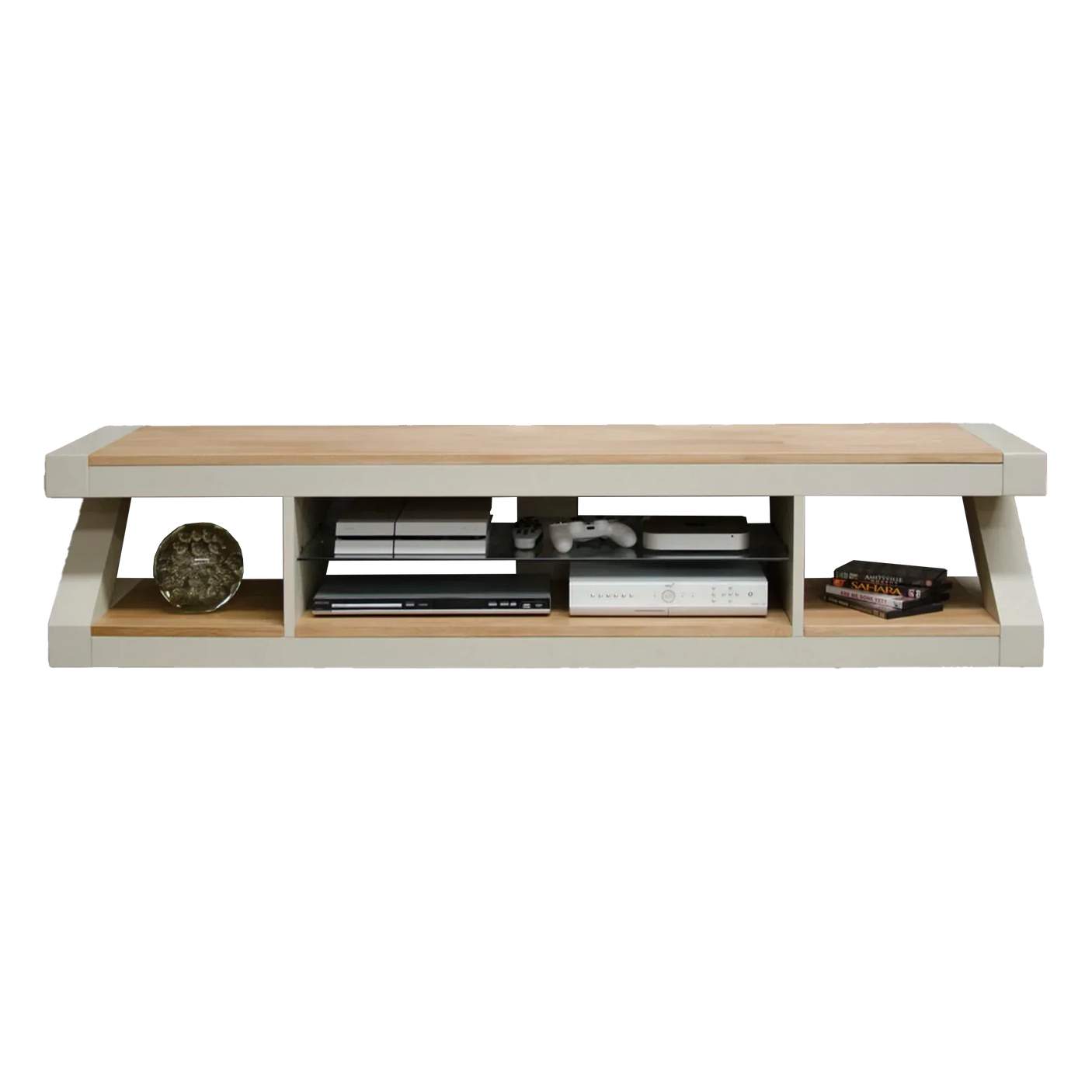 Modern wooden TV unit with open shelves and electronic devices for living room storage