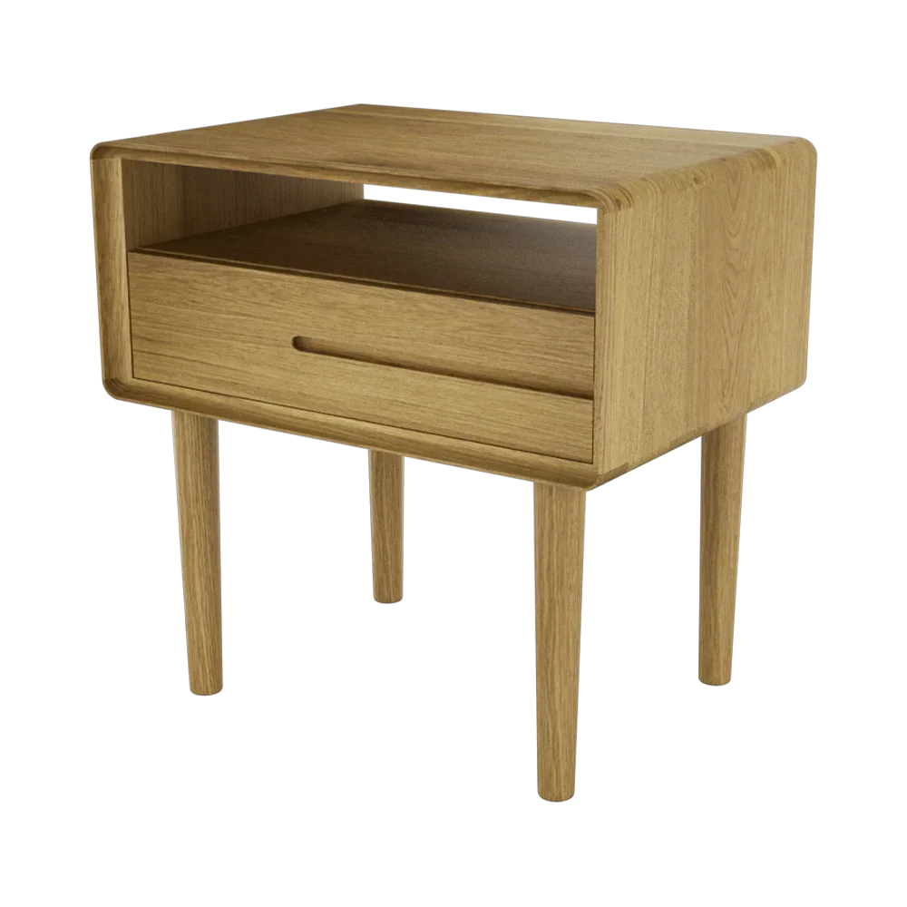 Oak bedside table with drawer and open shelf, rounded corners, angled wooden legs