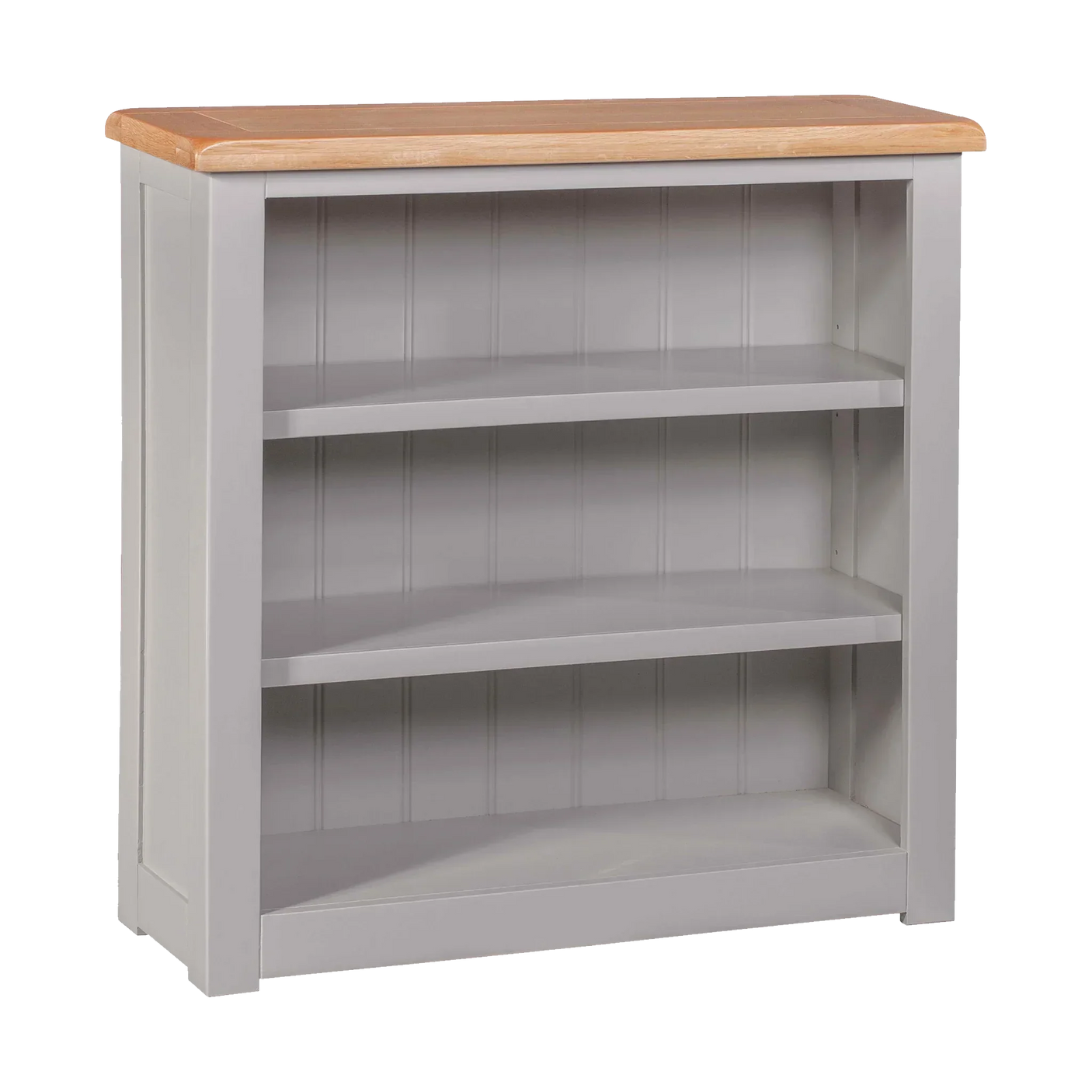 Grey wooden bookcase with two shelves and light oak top, angled front view