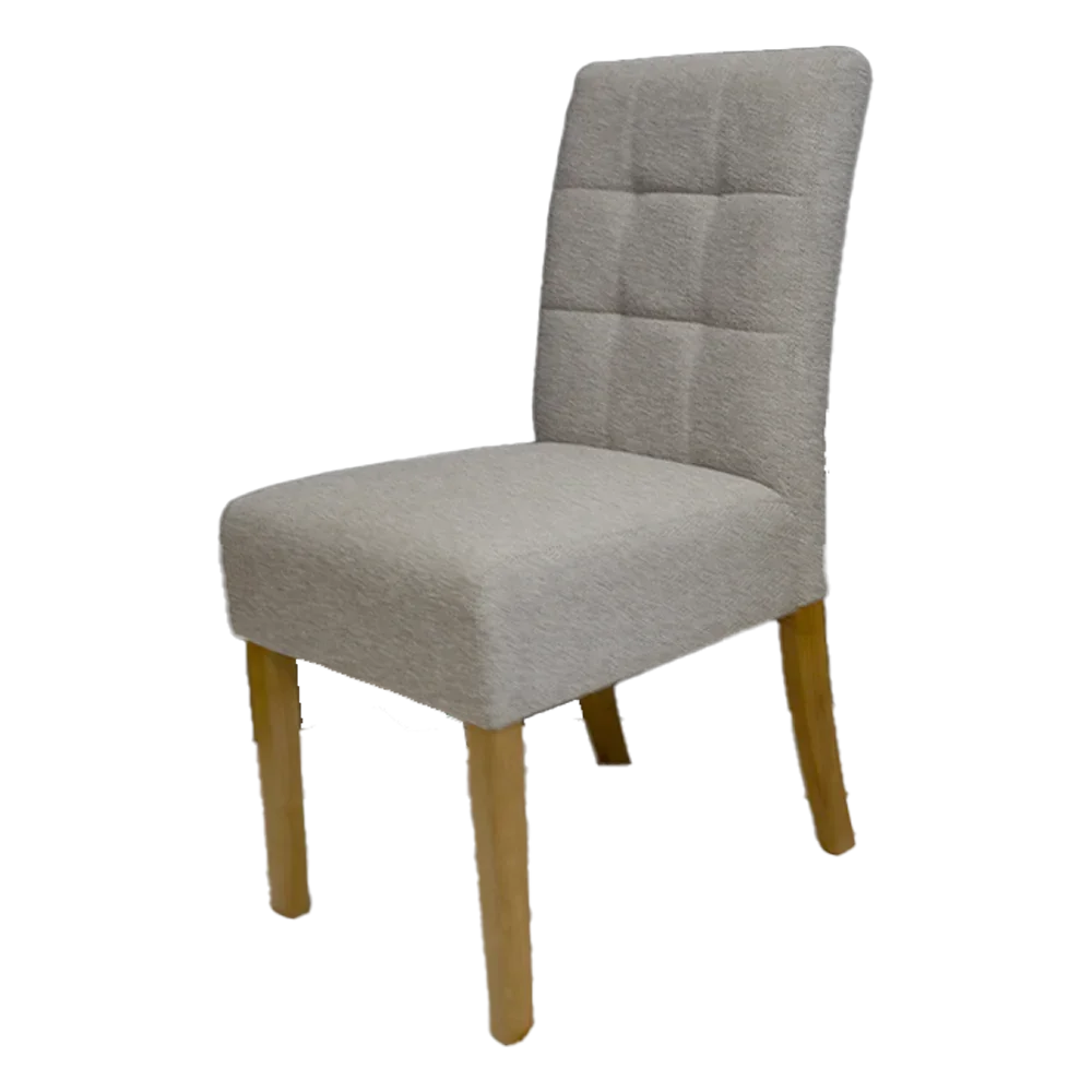 Grey upholstered dining chair with wooden legs and square stitched backrest
