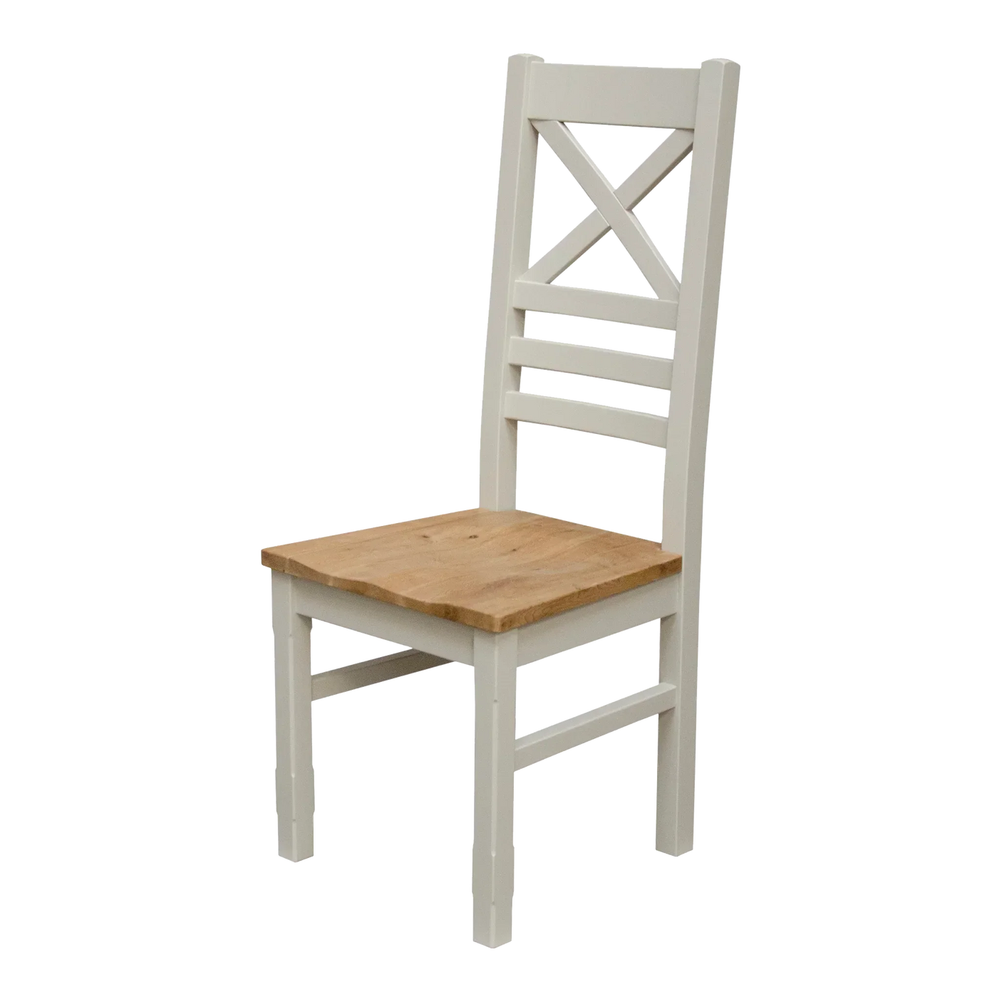 wooden dining chair with light oak seat and white painted cross back frame