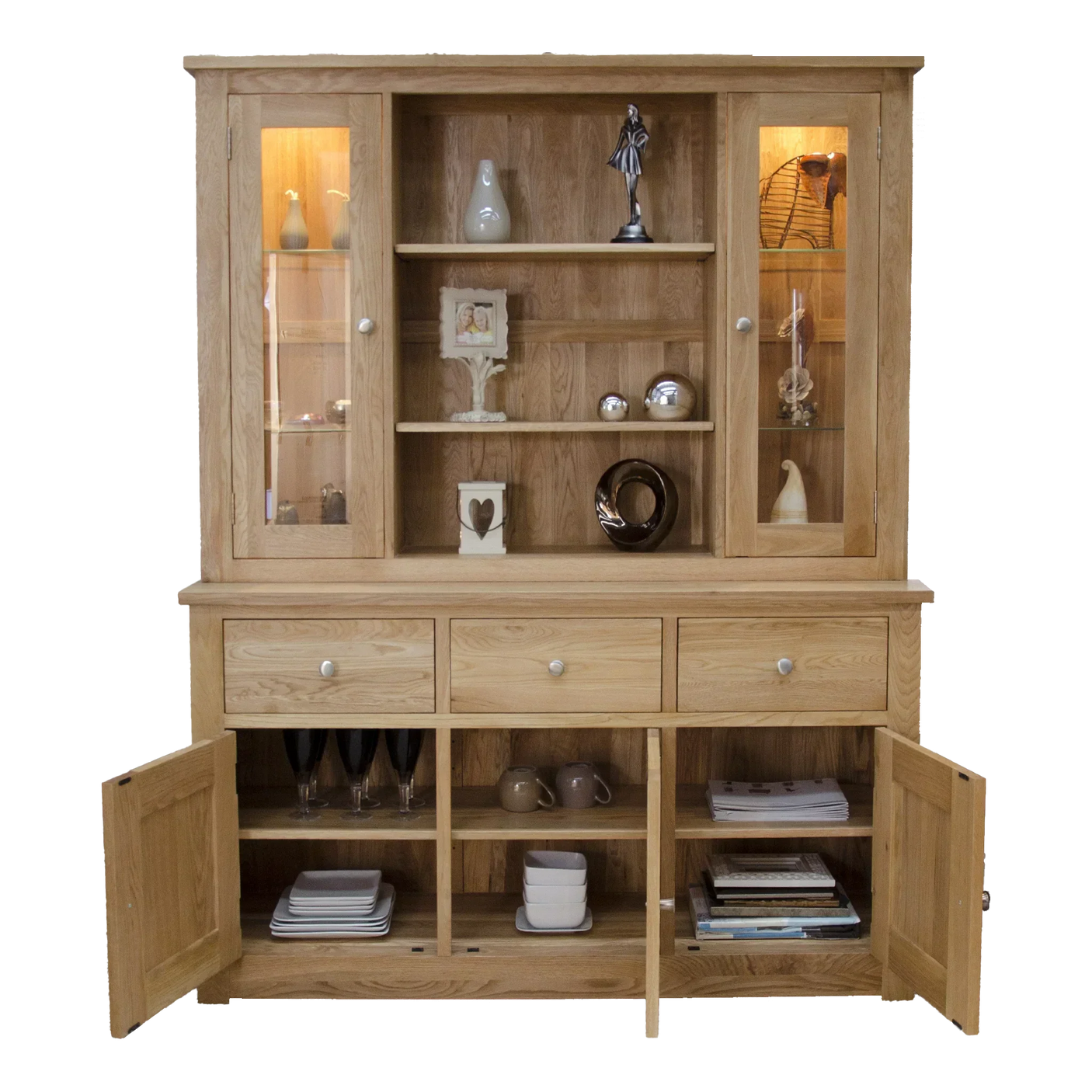 Oak dining room dresser with glass display cabinets and open storage shelves